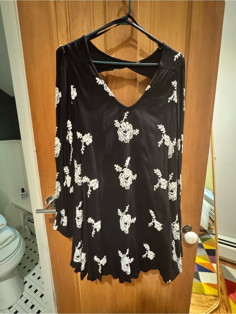 Free People Black Midi Dress with White Floral Embroidery